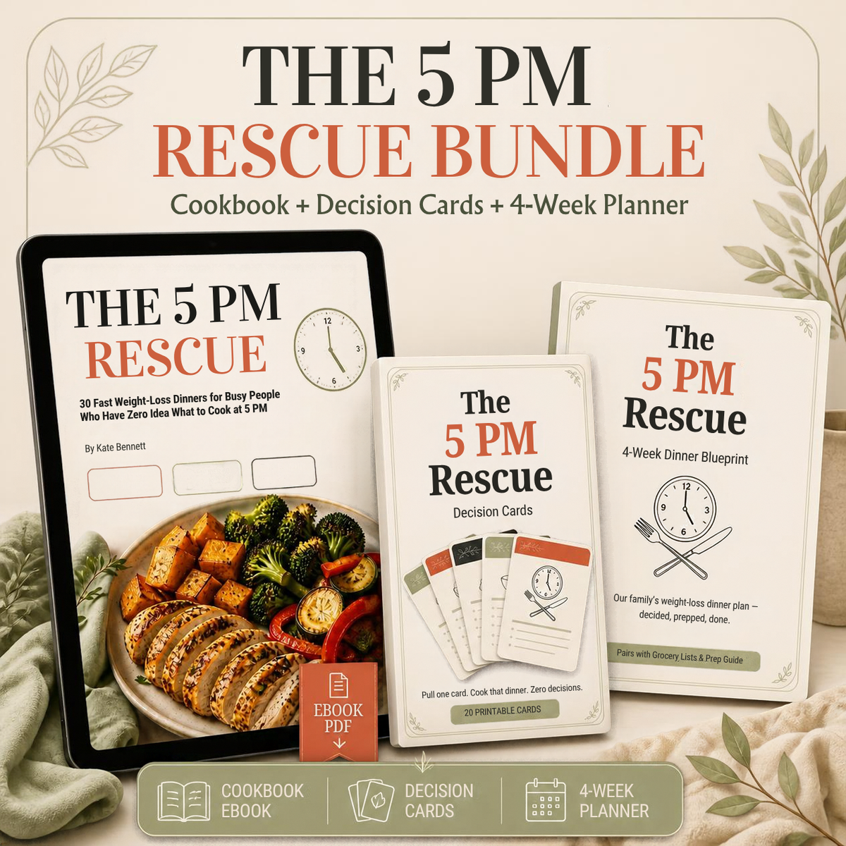 The Complete 5 PM Rescue System — Recipe eBook + 4-Week Dinner Plan + Decision Cards